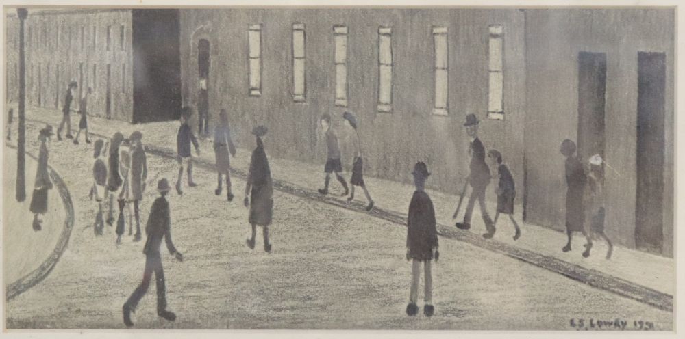 After L.S. Lowry, pencil drawing, Figures in the street, bears signature, 12.5 x 26cm